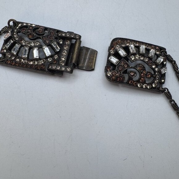 Rare Gorgeous Sweet Romance Art Deco Design Rhinestone Necklaces Brass Tone - Picture 4 of 11